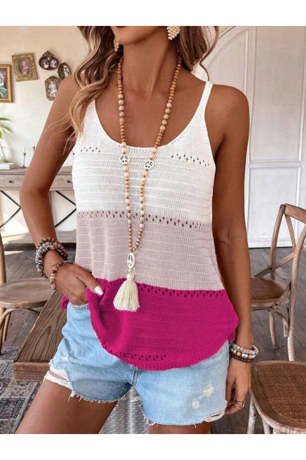 Askılı Yuvarlak Yaka çift Renkli Triko Bluz