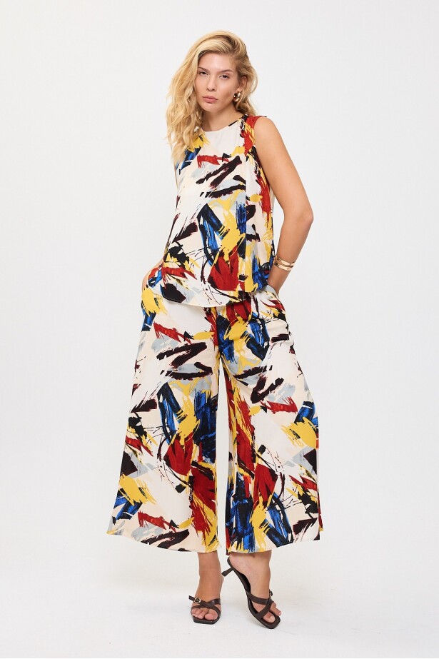 Beli Bağlamalı Çift Cepli Desenli Pantolon ve Bluz Takım