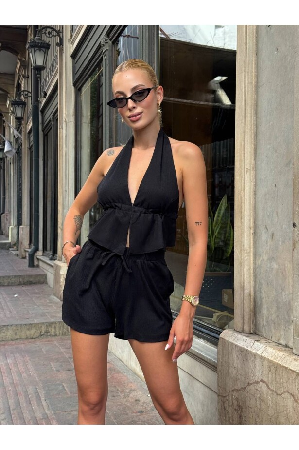 Bürümcük Kumaş Şortlu Takım Siyah