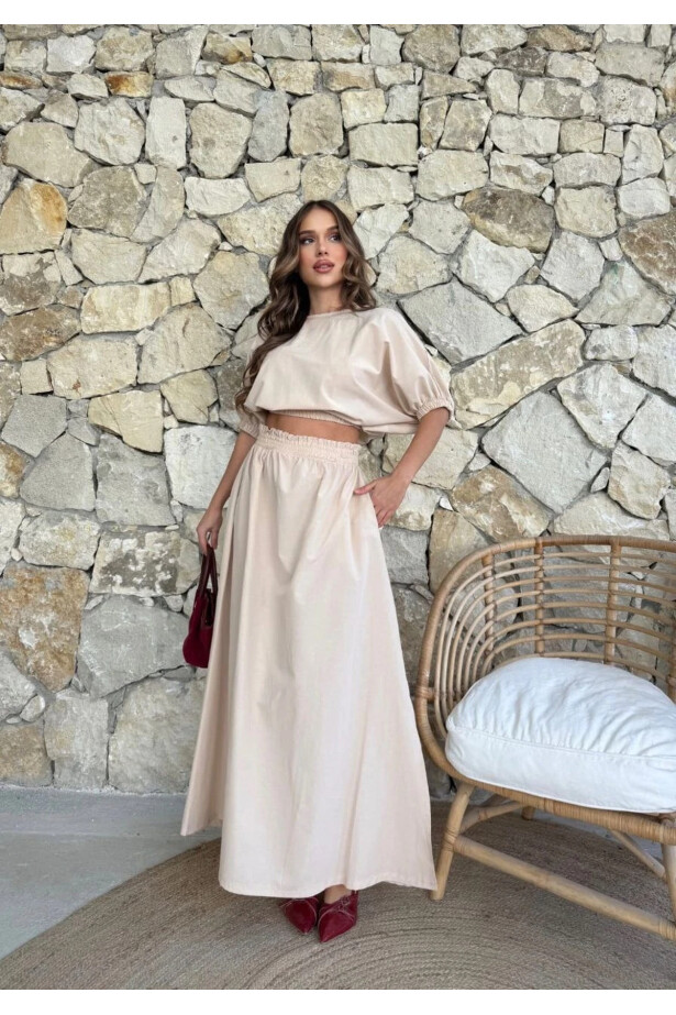 Crop Bluz ve Etek Alt Üst Takım Bej