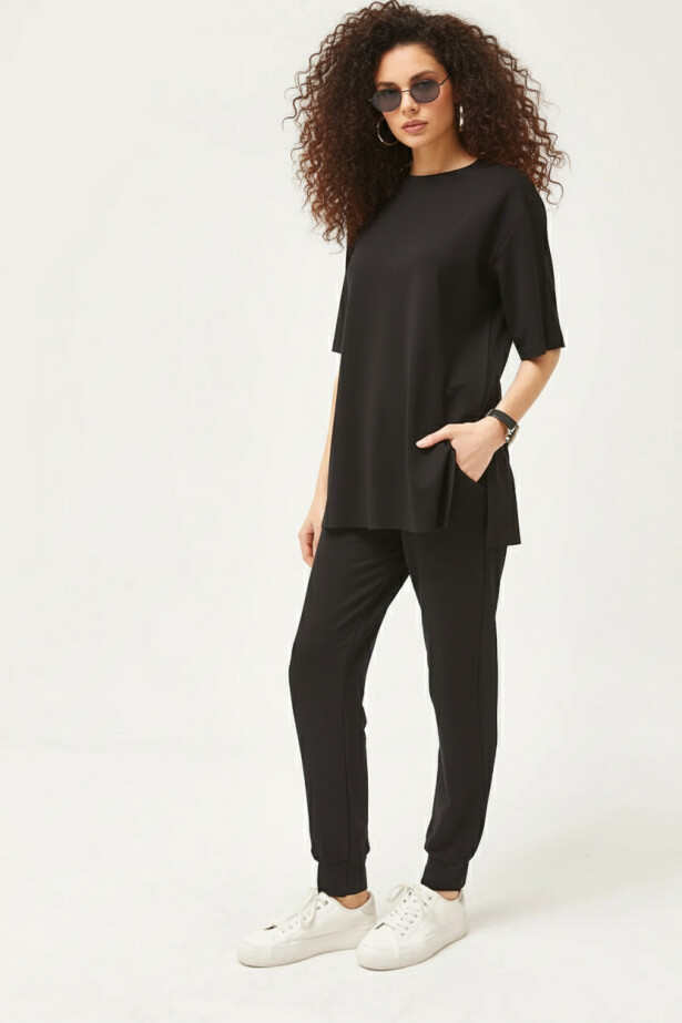 Dökümlü Modal Kumaş Siyah Alt Üst Takım