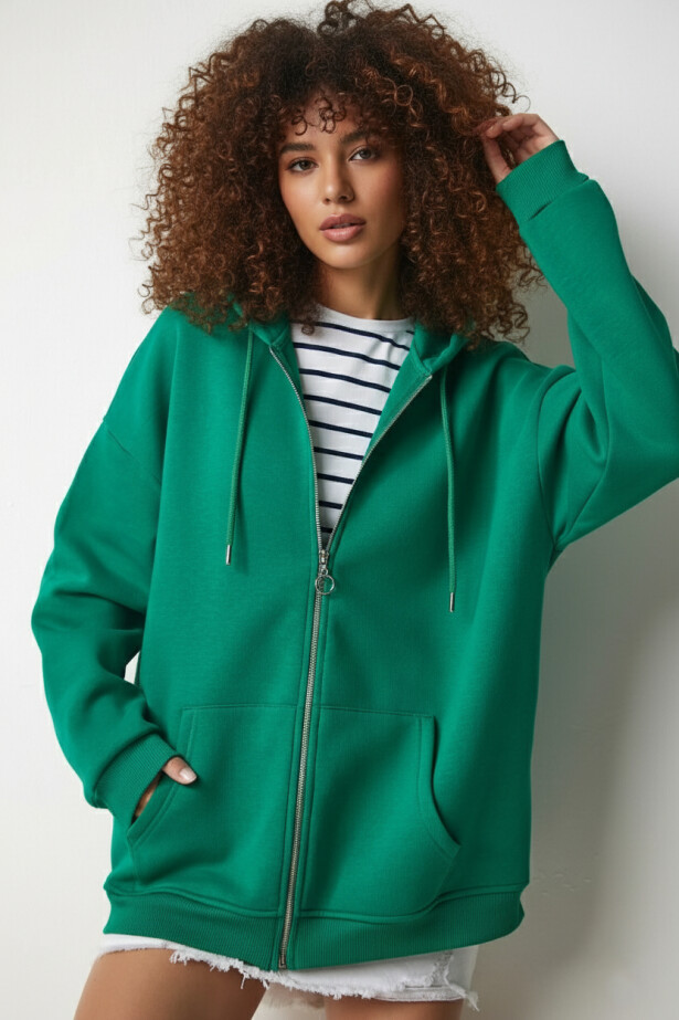 Fermuarlı Oversize Sweatshirt Yeşil