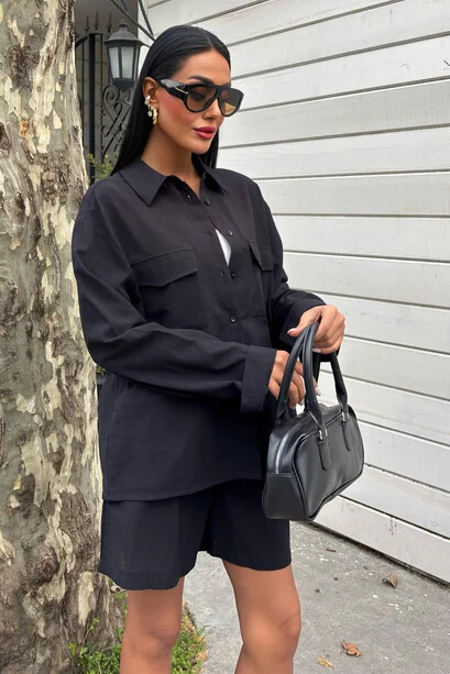 Gömlek ve Şort Flamlı Keten Takım Siyah