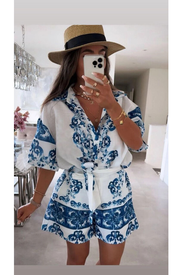 Keten Kumaş Mavi Desenli Alt Üst Takım