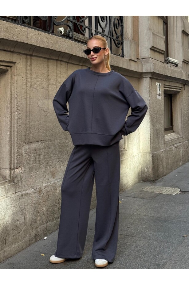 Modal Kumaş Gri Oversize Sweat İkili Takım