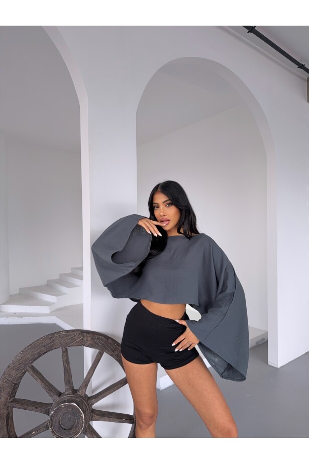 Müslin Keten Bluz Antrasit