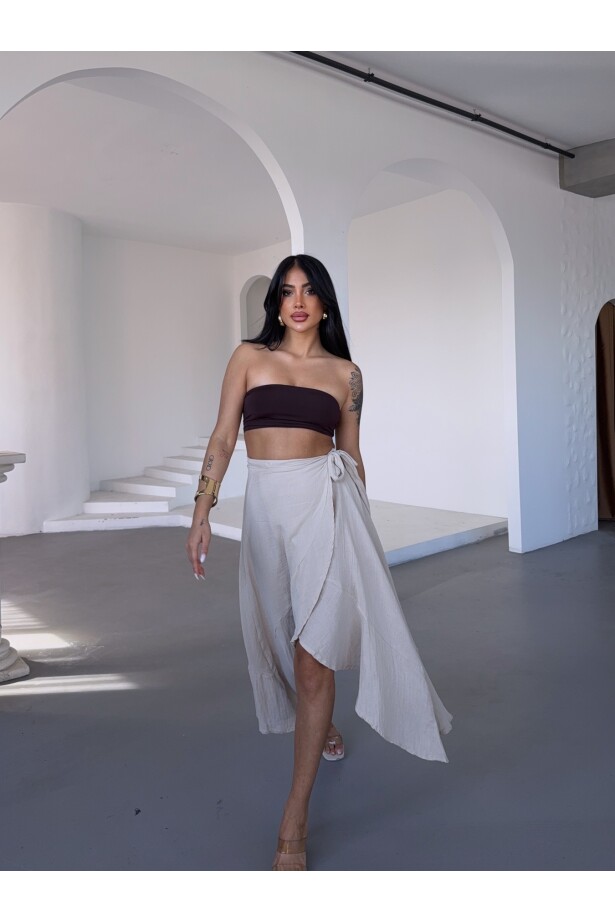 Müslin Kumaş Asimetrik Etek Bej