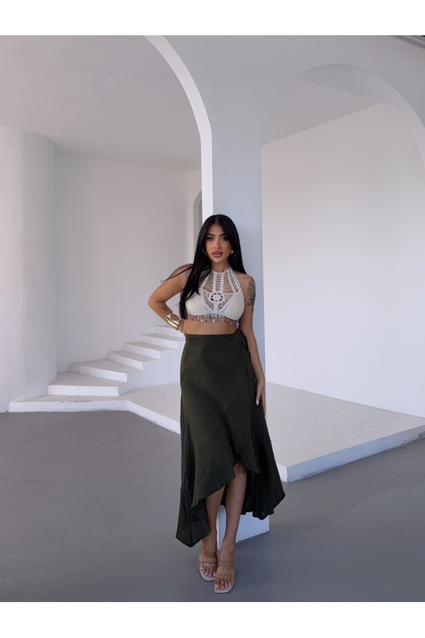 Müslin Kumaş Asimetrik Etek Haki