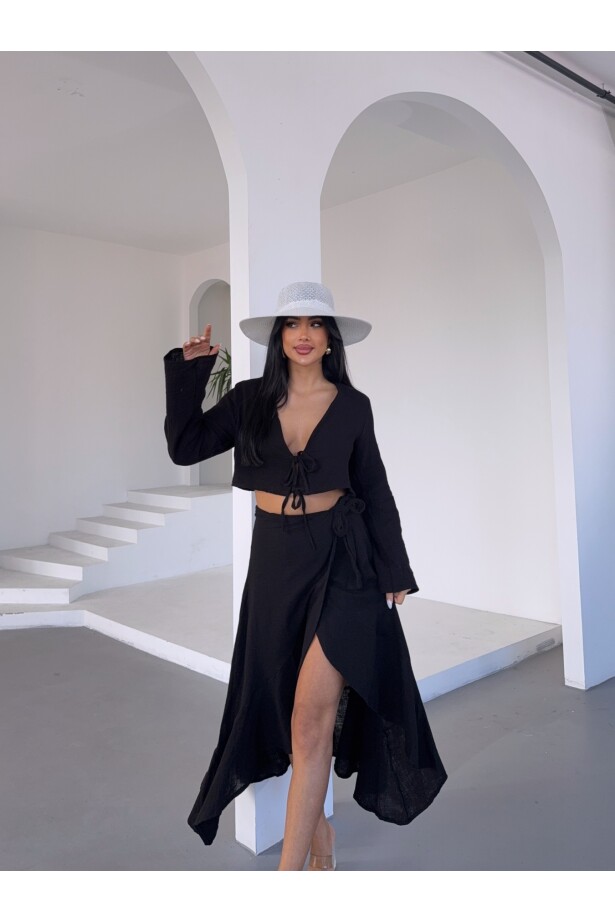 Müslin Kumaş Etek Bluz Takım Siyah