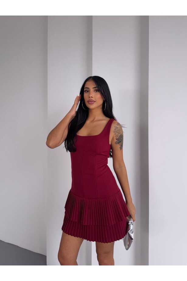 Piliseli Şortlu Elbise Bordo