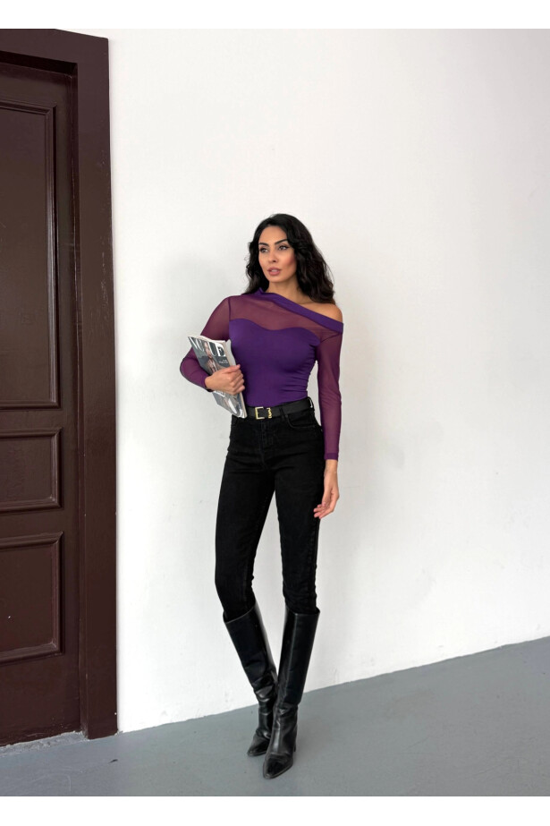 Sandy Kumaş Tül Detay Bluz Mor