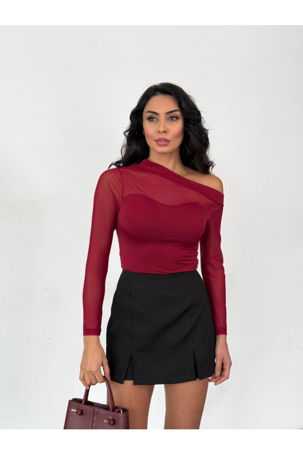 Sandy Kumaş Tül Detay Bluz Bordo