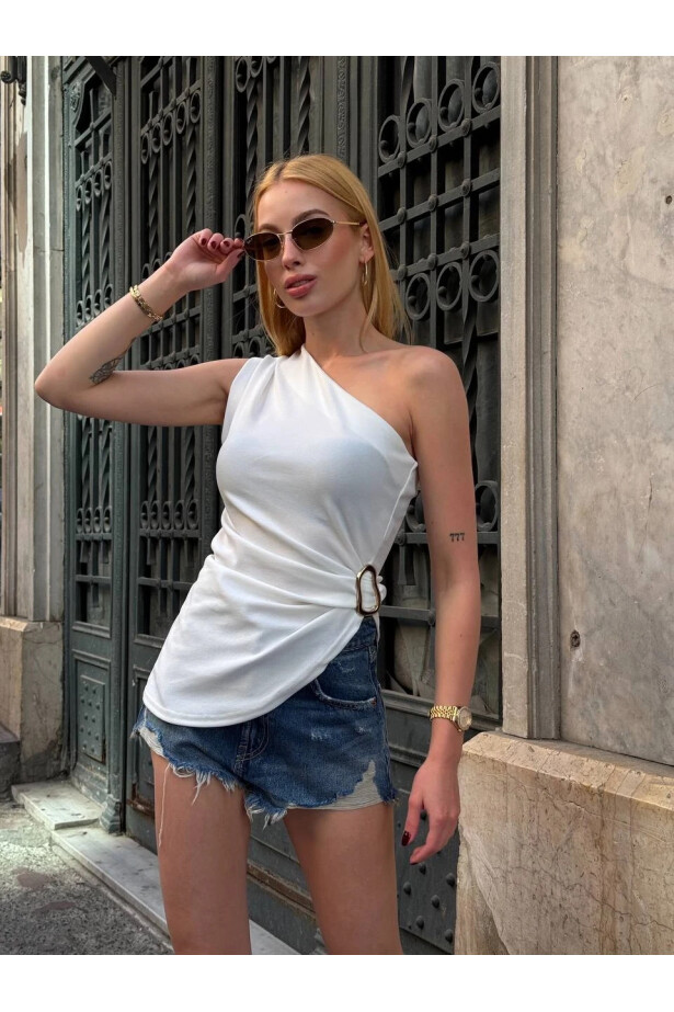Toka Detay Tek Omuz Bluz Beyaz