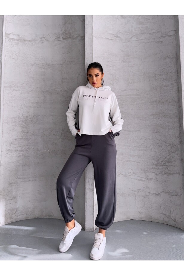 Üç İplik Kapşonlu Basklılı Takım Gri