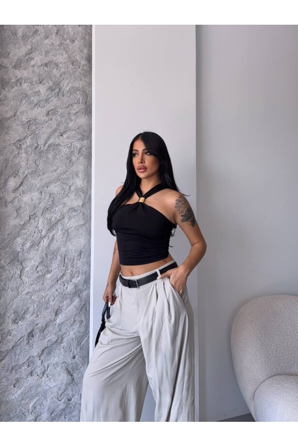 Yaka Detay Sandy Bluz Siyah