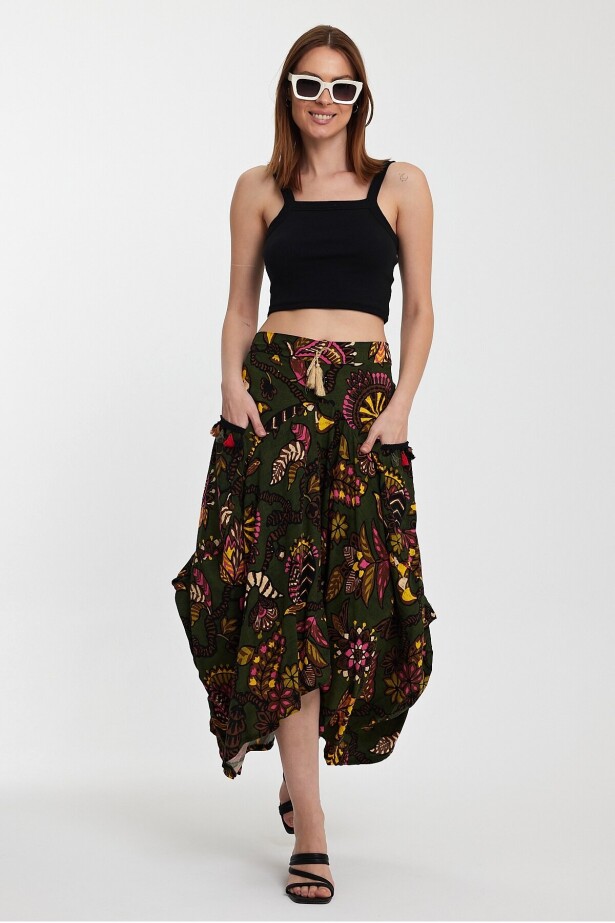 Yeşil Otantik Desen Cepli Şalvar Model Etek