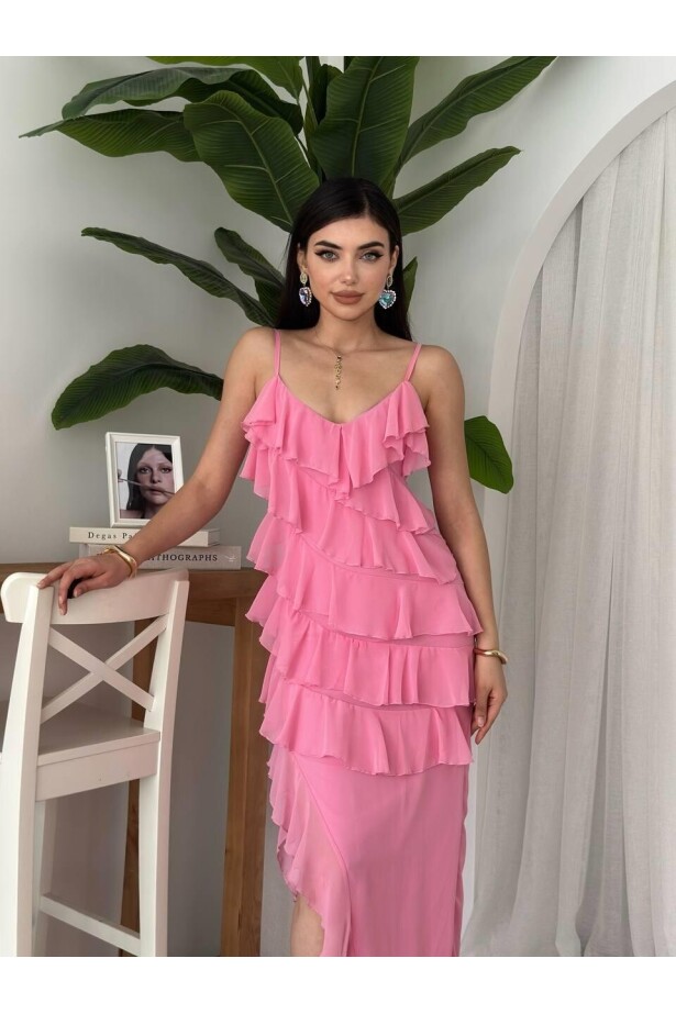 Yırtmaç Detaylı Elbise Pembe